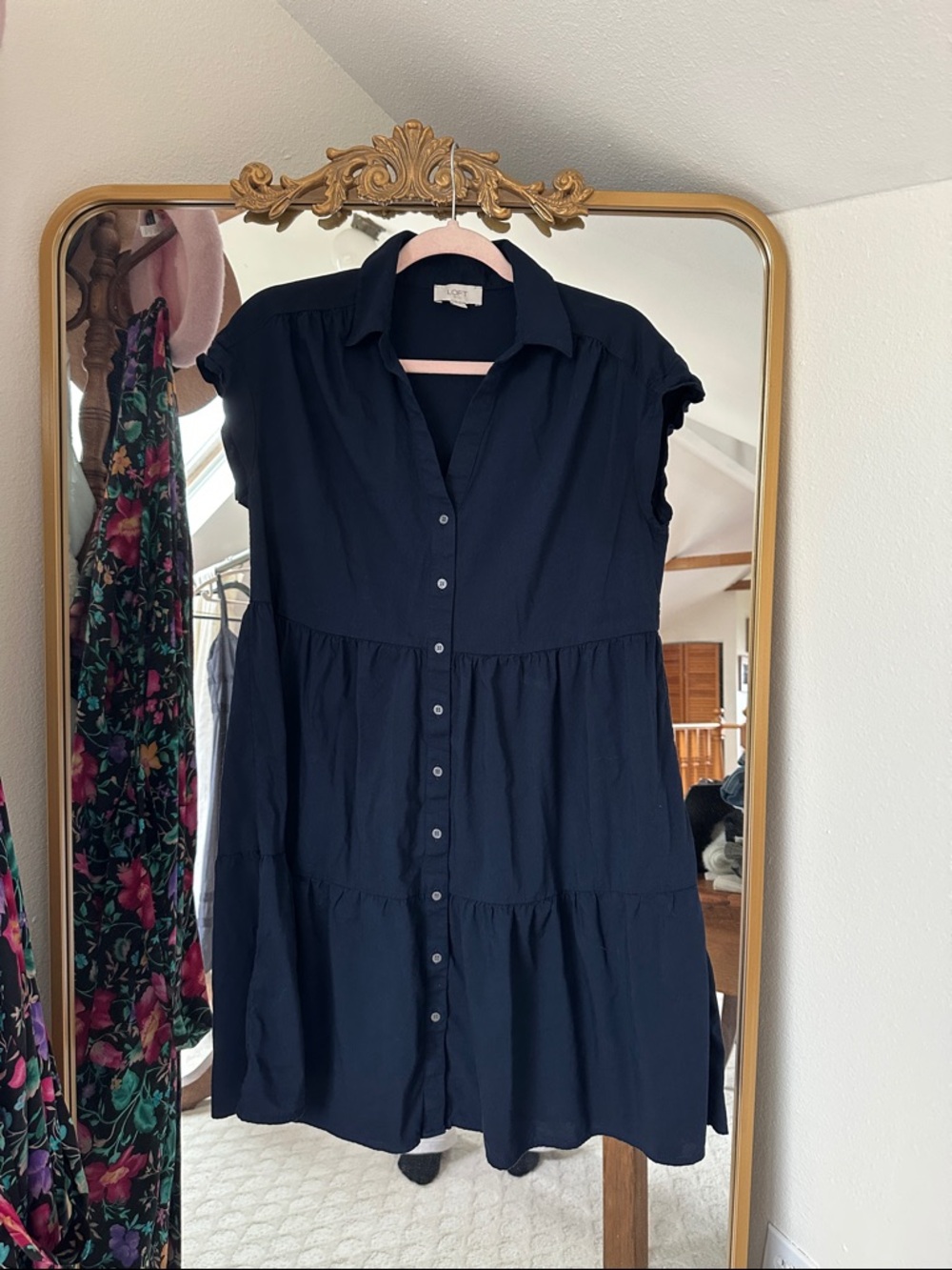 LOFT Navy Button-Front Short Sleeve Tiered Dress